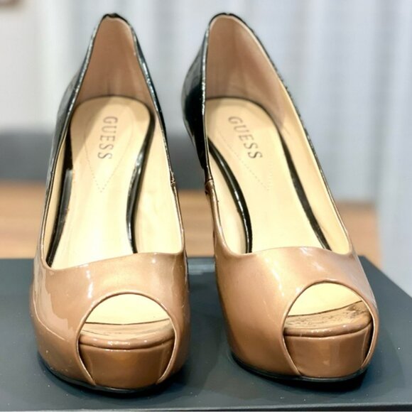 Sexy Tan/Black Guess Patent Platform Heels - Picture 2 of 9